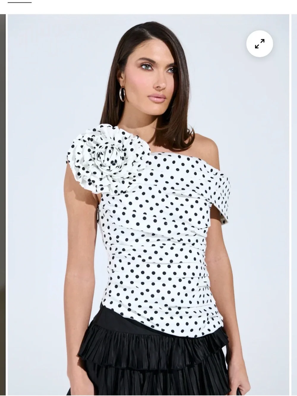 Polka Dot One-Shoulder Floral Accent top- White/Black